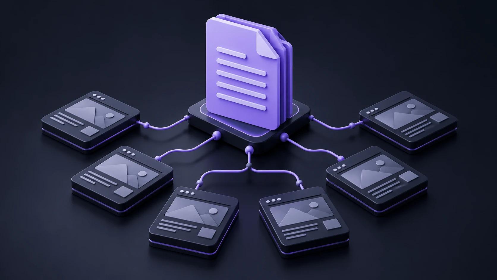 A central document connected by lines to six website windows around it